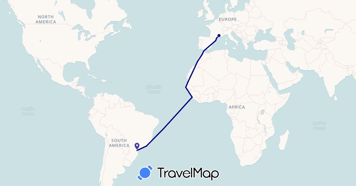 TravelMap itinerary: driving in Brazil, Spain, France, Morocco, Mauritania, Sierra Leone, Senegal (Africa, Europe, South America)